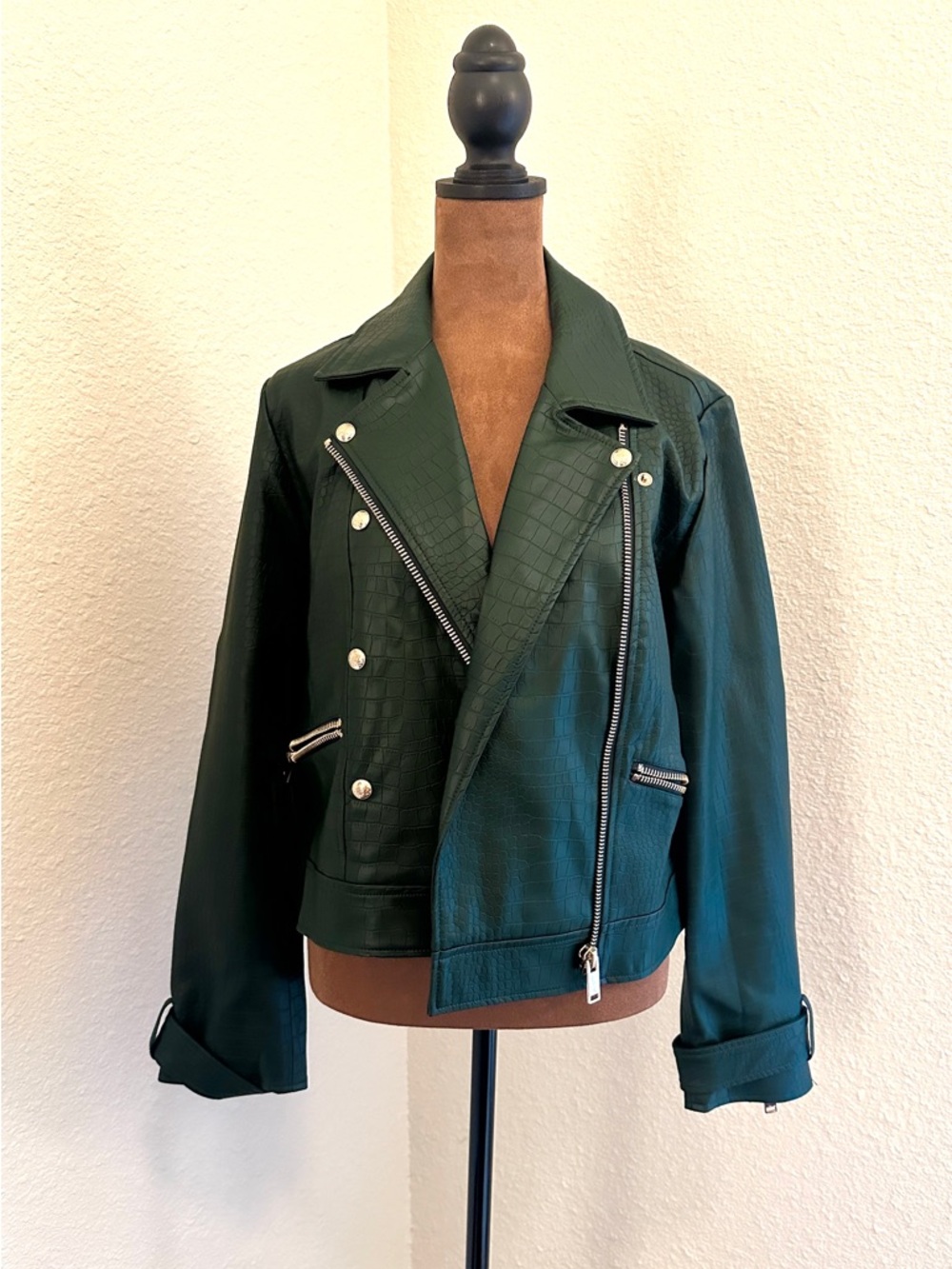 Catherine Malandrino Dark Green Croc-Embossed Faux Leather Moto Jacket M